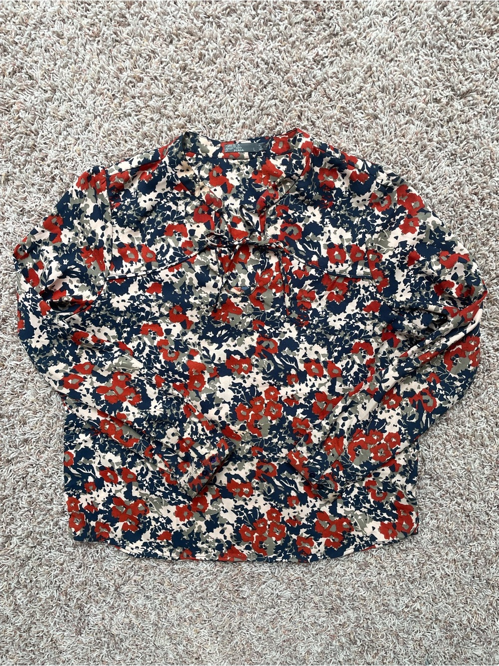Prana Floral Tie-Neck Long Sleeve Blouse Clay Navy Cream Women Size L Fall Chic